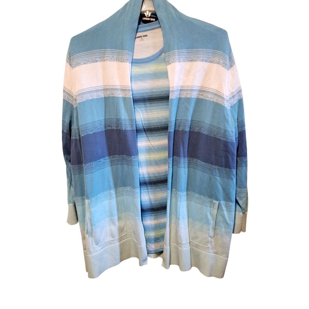 Lands End Womens 3X T-Shirt & Open Cardigan Set In Blue Stripes Cotton Blend Com